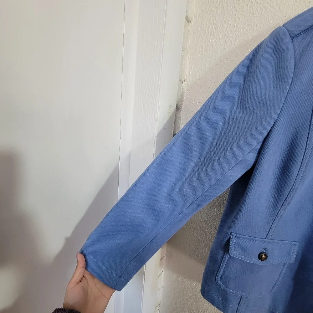 Talbots Knit Band Military Style Crested Button Jacket sz 14P Cornflower Blue
